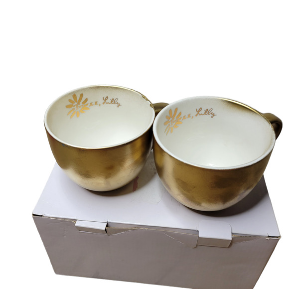 Lily Pulitzer Ceramic Mugs Set of 2 Gold Painted 12 oz - Picture 10 of 16